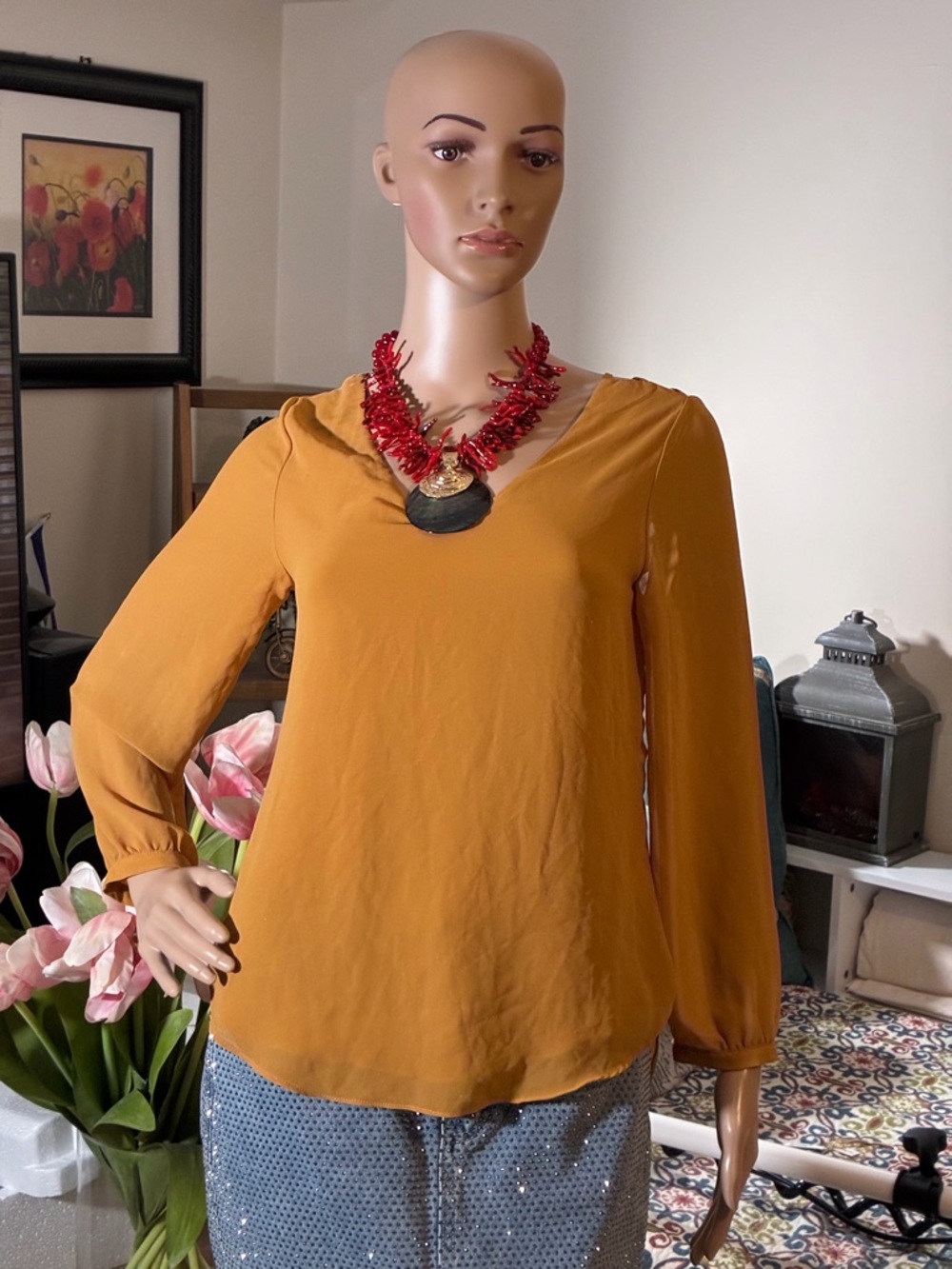 Womens Mustard Long-Sleeve V-Neck Blouse